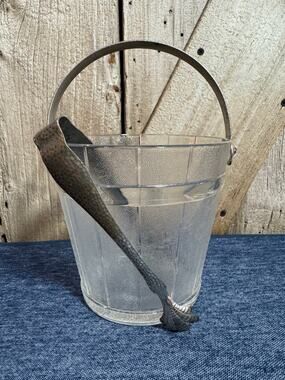 VTG Anchor Hocking Glass Ice Bucket Barrel Hammered Metal Handle And Claw Tongs